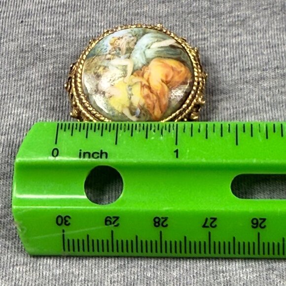 Vintage Victorian-Style Hand-Painted Porcelain Brooch With Gilded Filigree Frame - Picture 7 of 16